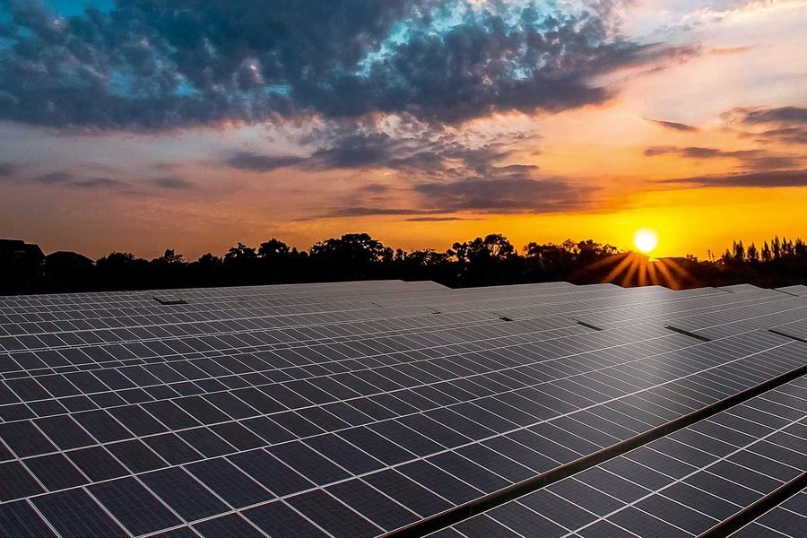 Solar panels at sunset