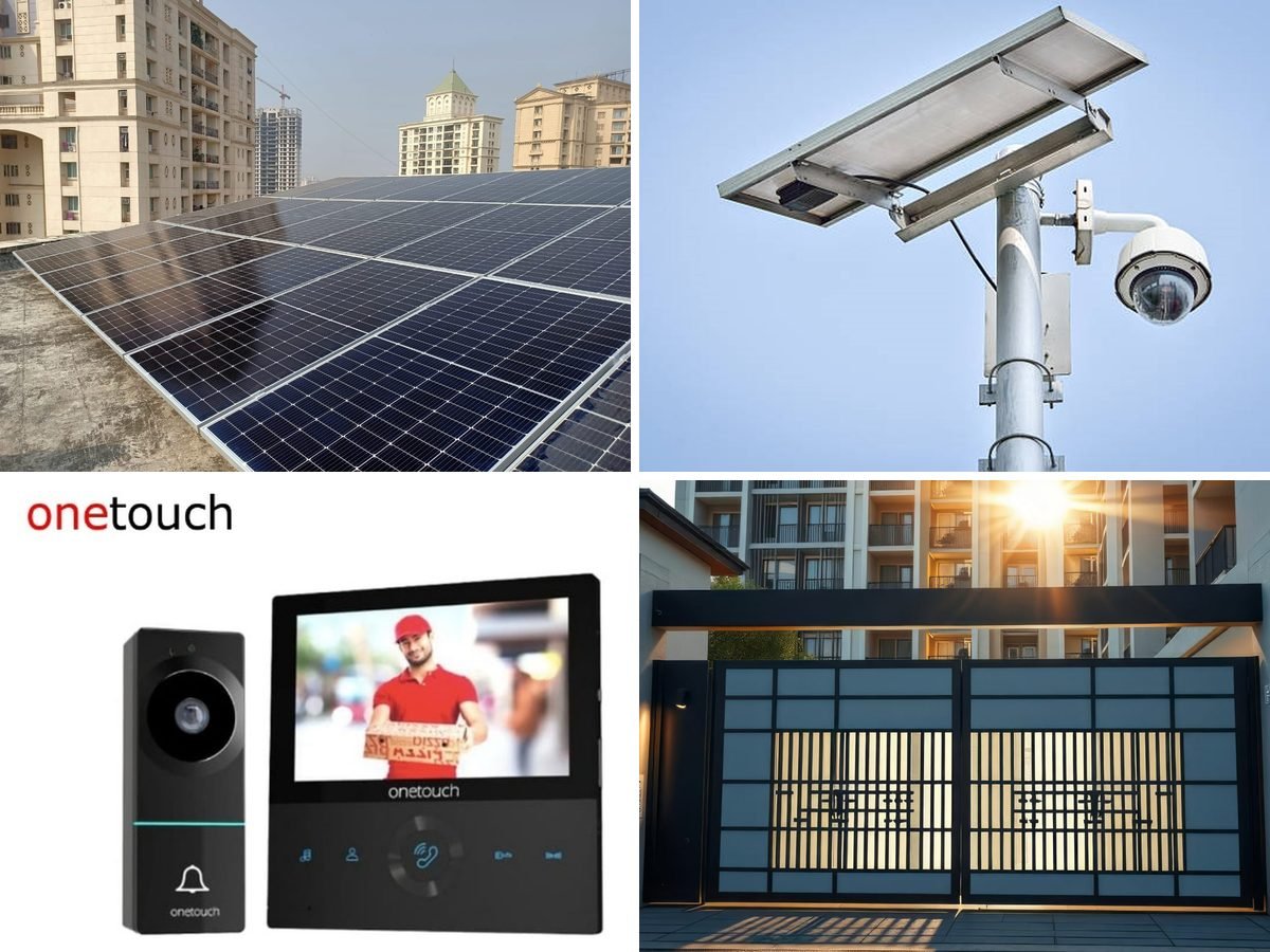 Hellik installations: rooftop solar, a CCTV camera, a video door phone and an automatic gate